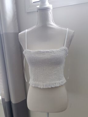 New!C & C California Large Linen White Ruched Crop Singlet Top Spaghetti Straps